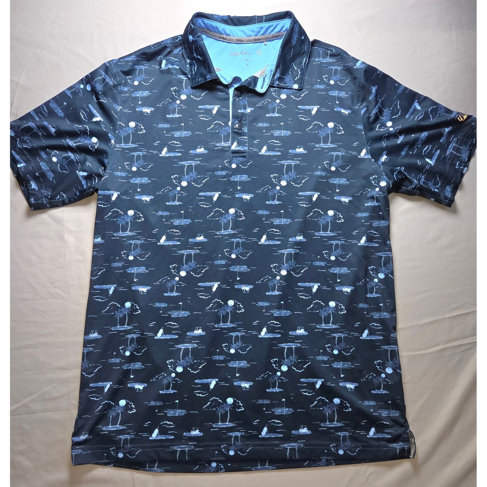 Walter Hagen Mens H1 Golf Polo Shirt Blue Tropical Island Print Short Sleeve M